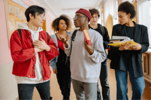 a group of people in a hallway